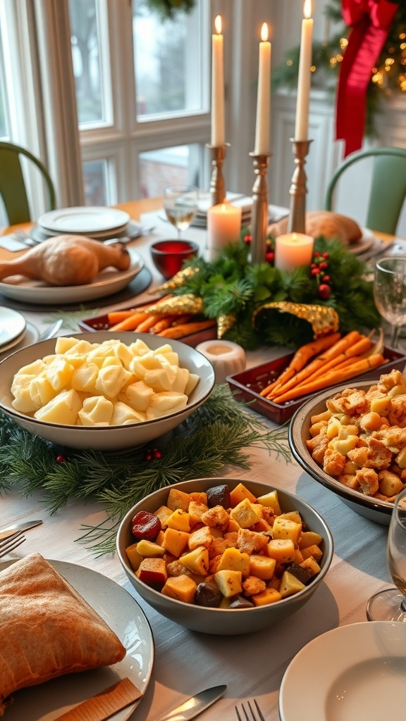 A festive Christmas dinner table with mashed potatoes, roasted vegetables, and stuffing.